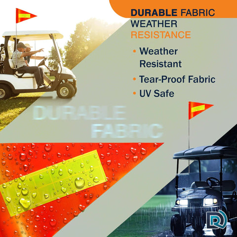 Collage with orange golf cart safety flag on a cart, close-up of reflective strip, and flag on cart in rain. Durable fabric emphasis.