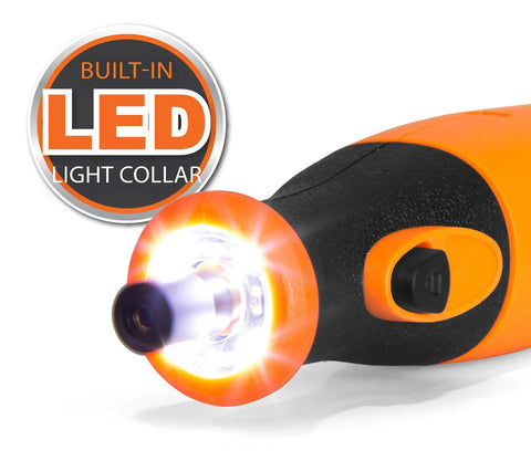 Close-up of cordless rotary tool kit with 7.2V Li Ion power, featuring variable speed and built-in LED light collar.