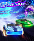 Blue and green 1/64 scale RC car racing with LED lights, showcasing 4WD drift capability