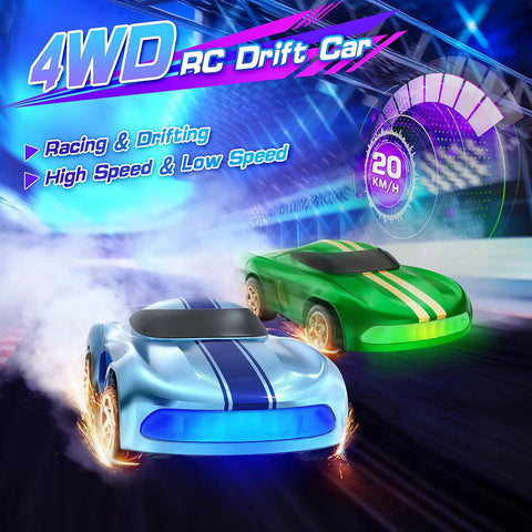 Blue and green 1/64 scale RC car racing with LED lights, showcasing 4WD drift capability