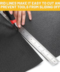 Cutting Heavy Duty Tool Box Liner 18 Inch By 24 Foot Roll, 3mm Thick Foam Cushioned Grippy Non Slip Drawer Mat For Tool Boxes, Workbenches, Cabinets And Shelves, Grid Line, Black with ruler and knife