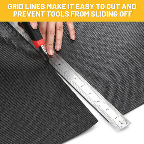 Cutting Heavy Duty Tool Box Liner 18 Inch By 24 Foot Roll, 3mm Thick Foam Cushioned Grippy Non Slip Drawer Mat For Tool Boxes, Workbenches, Cabinets And Shelves, Grid Line, Black with ruler and knife