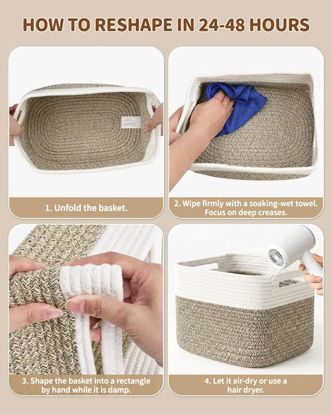 How to reshape woven storage baskets in 24-48 hours, featuring steps for use and care instructions.