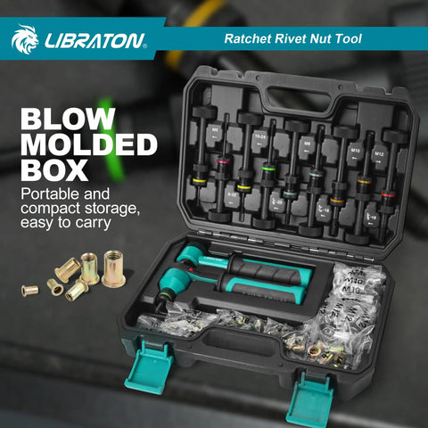 Pro Grade Rivet Nut Tool Kit With Ratchet Action For Auto Projects, Nutsert Gun With 10 SAE And Metric Mandrels in carry case