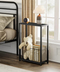 Slim End Table With Magazine Holder And Iron Storage Basket Quick Fix For Tight Squeeze And Tiny Pad Or Dorm Room Accent Furniture Solid Build And Easy Setup next to bed, featuring black wood top, iron storage basket.