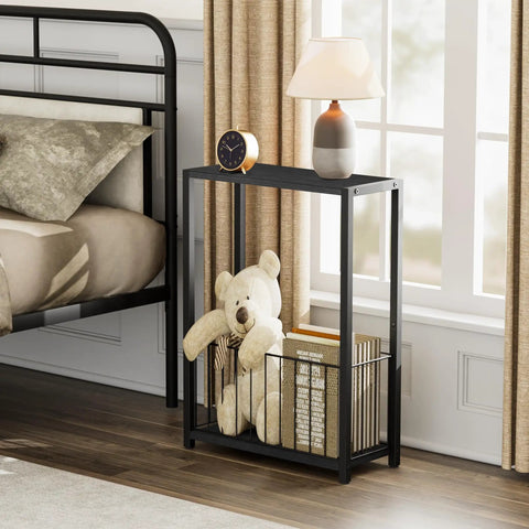Slim End Table With Magazine Holder And Iron Storage Basket Quick Fix For Tight Squeeze And Tiny Pad Or Dorm Room Accent Furniture Solid Build And Easy Setup next to bed, featuring black wood top, iron storage basket.