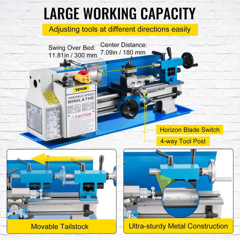 Built Tough 7 X 12 Inch Mini Metal Lathe Benchtop Machining Station with movable tailstock and robust controls.