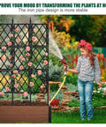 Woman watering roses on Tall 5.25 Ft Garden Trellis Iron Pipe Metal Plant Support For Climbing Ivy Vines And Roses Outdoor