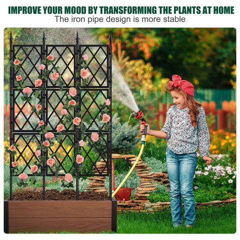 Woman watering roses on Tall 5.25 Ft Garden Trellis Iron Pipe Metal Plant Support For Climbing Ivy Vines And Roses Outdoor