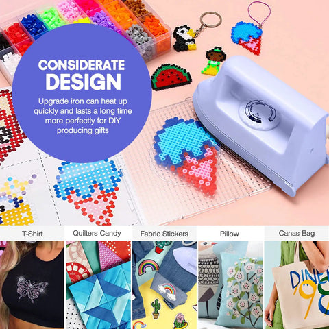 Portable Mini Iron For Crafting And Quilting Projects Compact Electric Heat Press Machine With Fast Heating Function Perfect For Travel, with colorful perler beads.