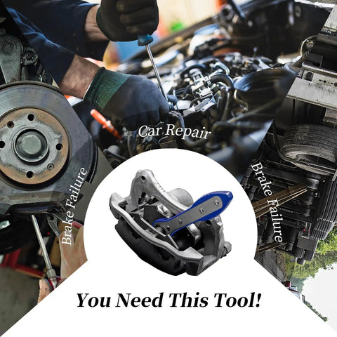 360 Degree Adjustable Brake Caliper Piston Compressor Tool With Extra Large Steel Plates And Hooks shown with brake service examples