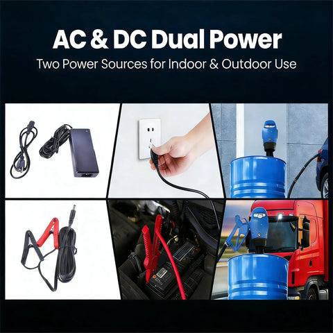 Badass Heavy Duty Electric Drum Pump For Fifty Five Gallon Barrels Runs Smooth On 120V AC Or 12V DC With Two Inch Bung Adapter Five GPM Flow showing power connections.