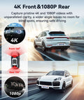 F9 Dual Dash Cam 4K Front And Rear 1080P With WiFi GPS App Control Night Vision WDR illustrated on a car in motion