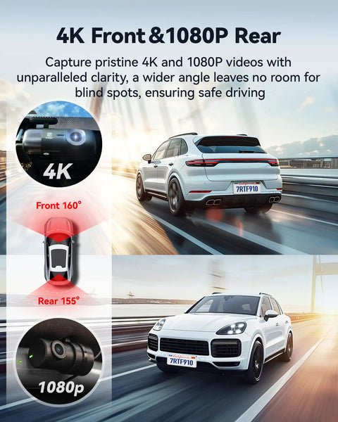 F9 Dual Dash Cam 4K Front And Rear 1080P With WiFi GPS App Control Night Vision WDR illustrated on a car in motion