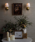 BSFHKLA Cordless Rechargeable Wall Sconce with Scalloped Fabric Shade and Remote, Brass Finish, USB, Dimmable LED Lighting(WhiteVelvet) on wall with decor