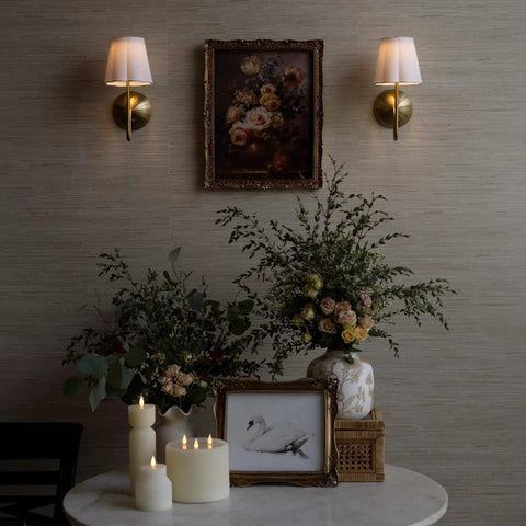 BSFHKLA Cordless Rechargeable Wall Sconce with Scalloped Fabric Shade and Remote, Brass Finish, USB, Dimmable LED Lighting(WhiteVelvet) on wall with decor