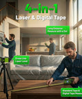 4 In 1 Digital Laser Tape Measure With Dual HD Display, 200 Ft Rechargeable Laser Distance Meter, 33 Ft Green Cross Line Laser, 10 Ft Tape, Handy For Quick Area, Volume, Pythagorean, And Leveling On Indoor Projects. Measuring living room layout with laser level and tape