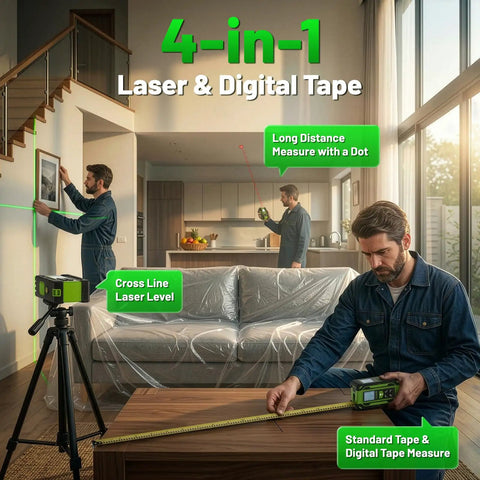 4 In 1 Digital Laser Tape Measure With Dual HD Display, 200 Ft Rechargeable Laser Distance Meter, 33 Ft Green Cross Line Laser, 10 Ft Tape, Handy For Quick Area, Volume, Pythagorean, And Leveling On Indoor Projects. Measuring living room layout with laser level and tape