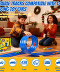 Children playing with Epic 20 Ft Flexible Race Track Set for Kids with 3 Lane Ramp 6 Race Cars, blue anti-gravity toy indoors.