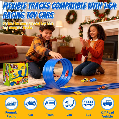Children playing with Epic 20 Ft Flexible Race Track Set for Kids with 3 Lane Ramp 6 Race Cars, blue anti-gravity toy indoors.