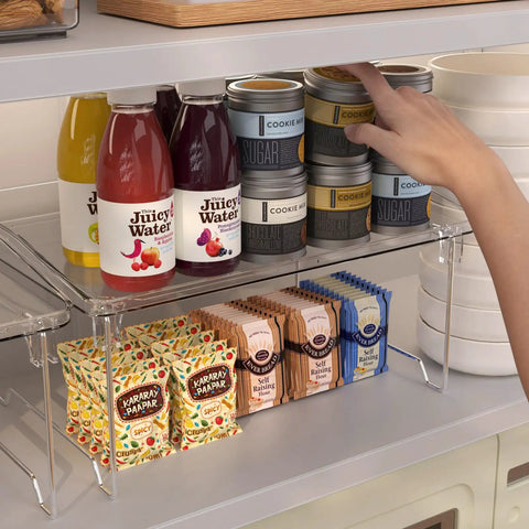 Heavy Duty 2 Pack Stackable Kitchen Counter Spice Rack And Cabinet Organizer Shelf Featuring Clear Plastic Base With Sturdy Stainless Steel Supports For Pantry Bathroom Vanity Organization That Truly Slaps with jars and snacks.