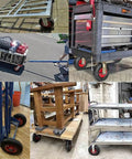 Beefed Up Heavy Duty Caster Wheels With Top Plate Swivel for carts and trolleys, shown on various workbenches and tool carts.