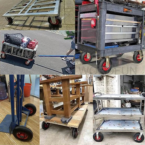 Beefed Up Heavy Duty Caster Wheels With Top Plate Swivel for carts and trolleys, shown on various workbenches and tool carts.