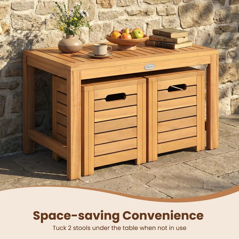 Acacia Wood Outdoor Coffee Table With Stools Three Piece Patio Set With Hidden Storage for Balcony and Garden