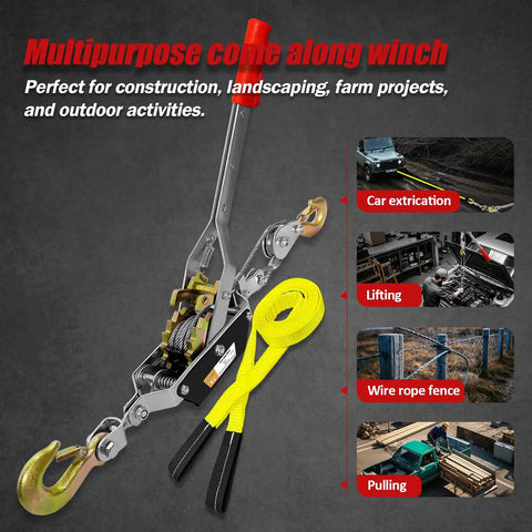 Heavy Duty Come Along Winch With 10 Foot Cable And 2 Ton Load Capacity Two Gears Dual Hooks Workhorse Grade Straps Included Ideal For Construction Automotive Farm Fences, with sling