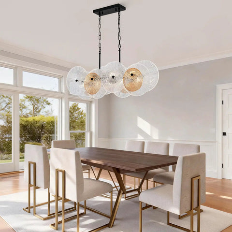 Dining room with rustic drum chandelier with black metal frame and exposed bulbs, 4-light farmhouse pendant lighting over table