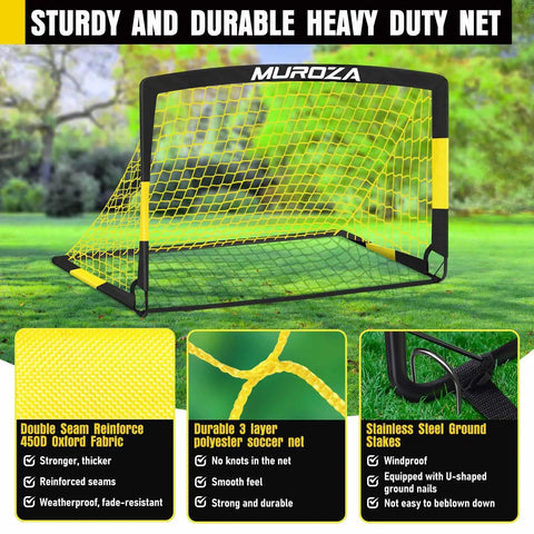 Backyard Kids Soccer Goal Set 2 Pack 4x3 Ft Portable Pop Up Net with 450D Oxford fabric and soccer net details