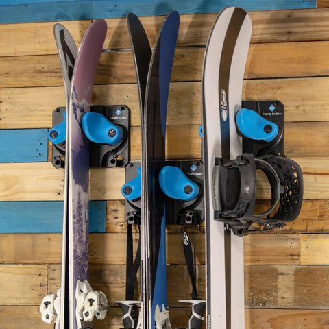 Heavy Duty Ski And Snowboard Wall Rack Badass Garage Stash No Sweat Storage Totes Secure For Any Board Or Ski Hella Reliable 3 Pack Winter Gear Holder with gravity locks.