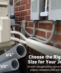 Close-up of outdoor AC setup with Power Whip Wiring Kit For AC Hookup Half Inch Flexible Nonmetallic Liquid Tight Conduit.