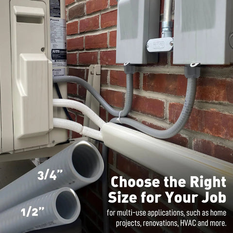 Close-up of outdoor AC setup with Power Whip Wiring Kit For AC Hookup Half Inch Flexible Nonmetallic Liquid Tight Conduit.