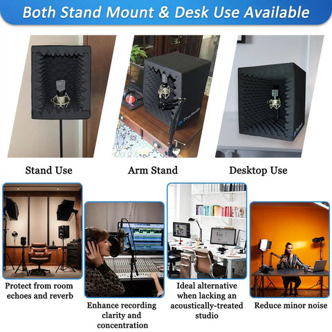 Portable Vocal Booth Foldable Microphone Isolation Shield For Home Studio Recording shown on desk and stand