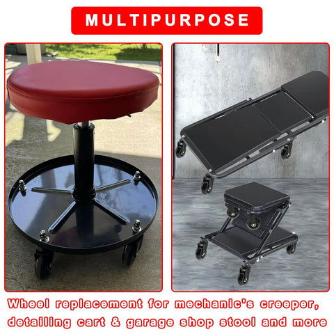 6 Pack 2.5 Inch Heavy Duty Swivel Caster Wheels For Creepers And Service Carts, shown on mechanic stools and garage creepers.