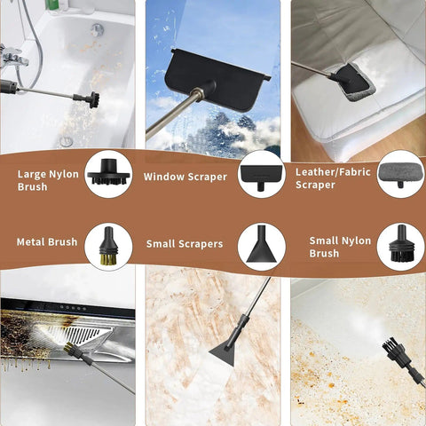 Beast 2500W High Temperature Steam Cleaner attachments for upholstery, windows, and grout cleaning.