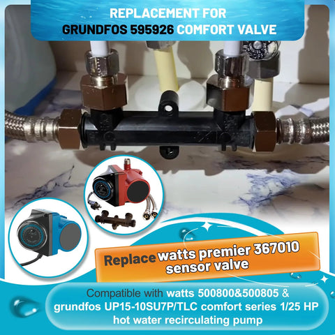 Black plastic sensor valve for Watts Premier/Grundfos hot-water recirculation pump system with compression fittings