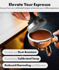 Hand holding 53mm Calibrated Coffee Tamper With Spring Loaded 100 Percent Flat Stainless Steel Base pressing espresso grounds