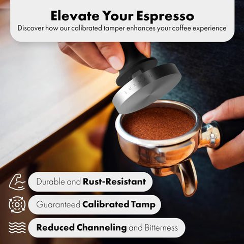 Hand holding 53mm Calibrated Coffee Tamper With Spring Loaded 100 Percent Flat Stainless Steel Base pressing espresso grounds