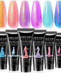 Hema-Free Poly Gel Nail Kit: No Base Needed, 6 Shimmer Colors, iridescent peach pink blue purple tubes with swatches