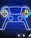Gamepad Shaped LED Neon Sign for Gaming Room Decor, USB powered, glowing blue with colored buttons, on brick wall background.