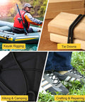 Collage showing Heavy-Duty Bungee Cord Roll 0.25 Inch By 100 Feet for tents, kayaks, tie downs, and DIY repairs use