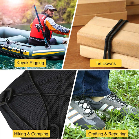 Collage showing Heavy-Duty Bungee Cord Roll 0.25 Inch By 100 Feet for tents, kayaks, tie downs, and DIY repairs use