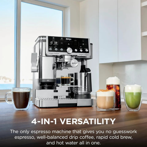 Luxe Café Pro Series 4 In 1 Espresso Machine With Built In Grinder And Integrated Tamper, displayed on a kitchen counter.