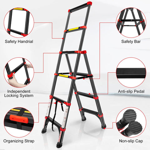 5-Foot Aluminum Telescoping A-Frame Ladder with non-slip cap and safety features for home use