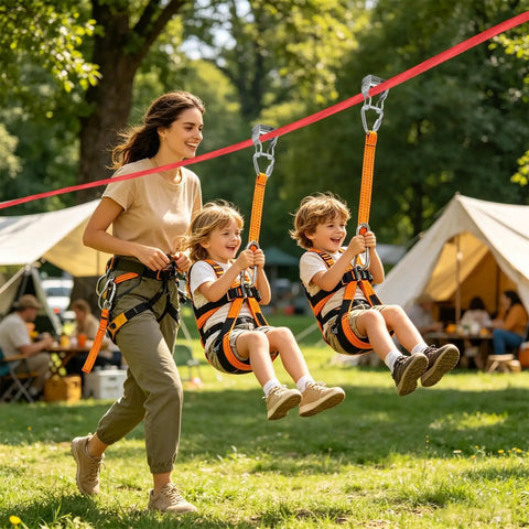 Woman and two kids using Backyard Zip Line Kit With Tree Protector Easy Install Outdoor Zip Line System in park.