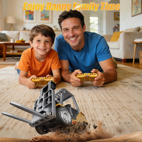 Mini Forklift Remote Control 1:64 Scale Desktop Radio Controlled Toy With App Connectivity, kids and dad playing together.