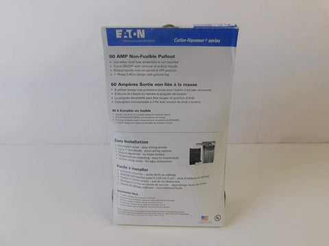 Back view of packaging for 60A Non-Fusible AC Disconnect Switch With Pullout Design, Double Pole, Solid Neutral, 120 240V, Gray, No Fuse