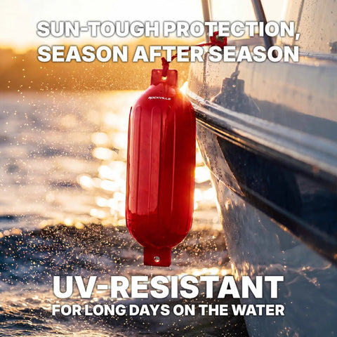 Complete Boat Fender Package With Four Red 8.5 Inch By 27 Inch Bumpers Four Red Covers Four 10 Foot Braided Lines And Hand Pump For 25 To 40 Foot Boats Marine Grade UV Resistant PVC With A Ribbed Design fender attached to boat in sunlight